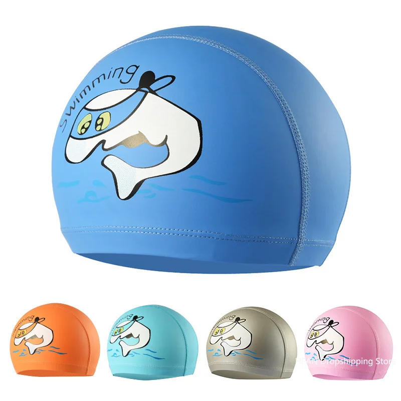 Kids Children Swimming Cap Waterproof PU Fabric Cute Cartoon Animal Dolphin Protect Ears Long Hair Boys Girls Swim Pool Caps Hat