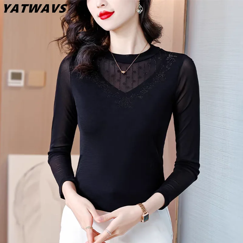 

Женская Сетчатая футболка с длинным рукавом, эластичные леггинсы с бриллиантами, весна 2024