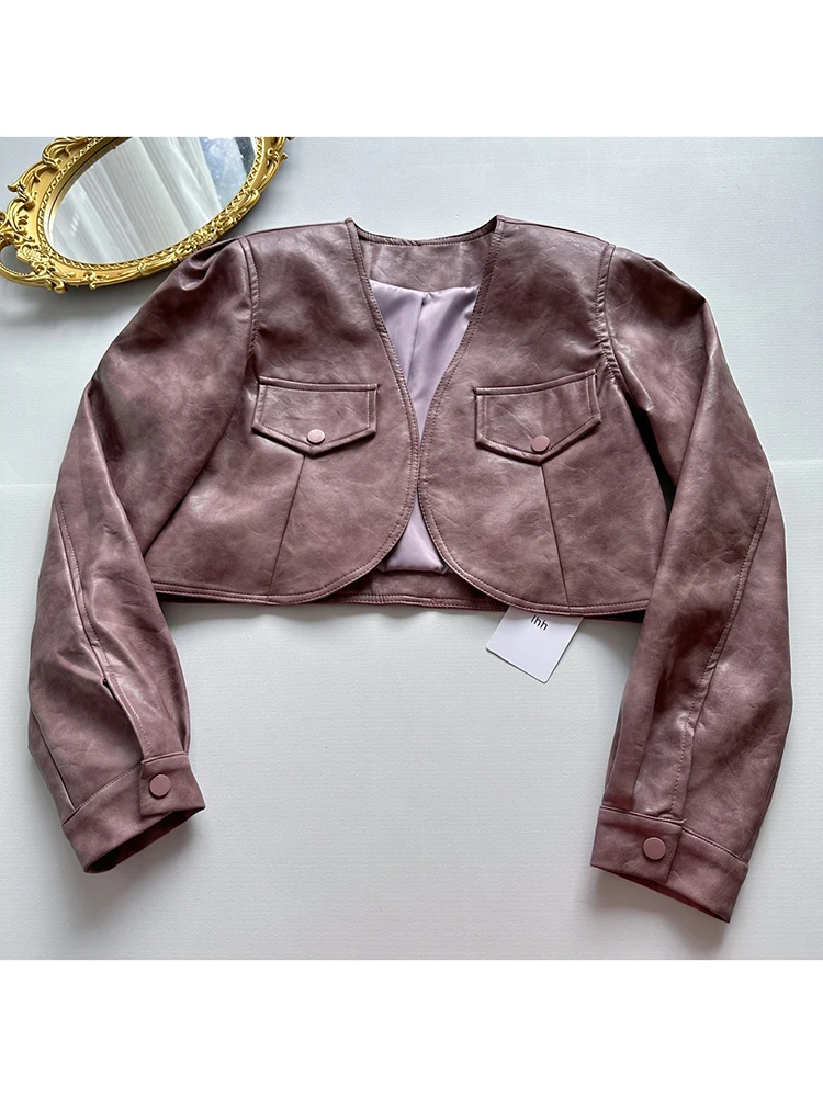 Chic Designer Women's Faux Leather Motorcycle Jacket V-Neck Long Sleeve Spring Fall Short Jacket Coat Trendy Cropped Jacket 2024