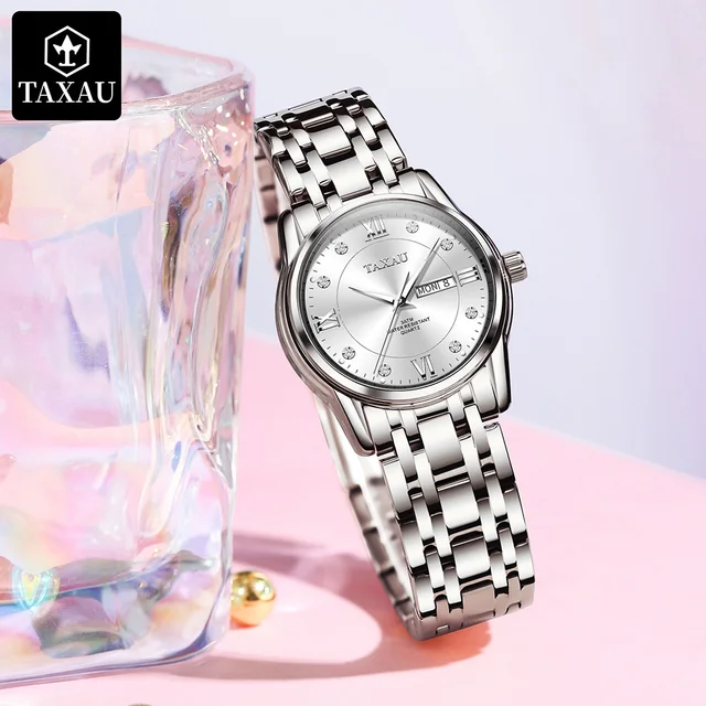 TAXAU-Relógio de pulso impermeável de aço inoxidável feminino, Trend Classic, Vestido elegante, Luxo
