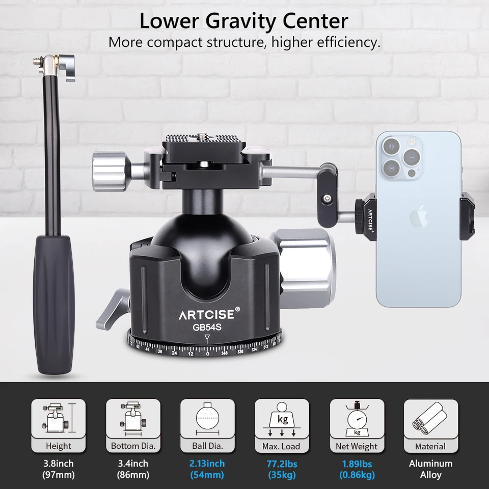 Testa A Sfera Per Treppiede ARTCISE KB55 - Carico 40 Kg, Metallo, 3 Piastre Sgancio Rapido - Foto 4