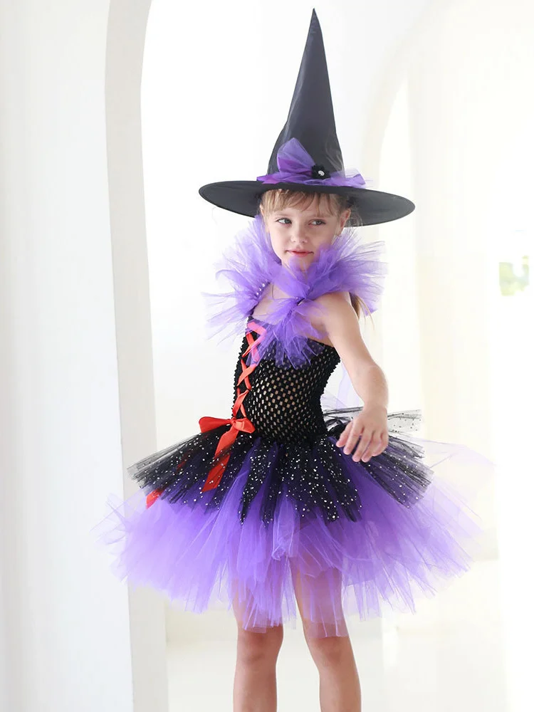 

New Halloween Cosplay Costume Girl Dress Children's Purple Witch Makeup Ball Princess Dress Tutu Skirt
