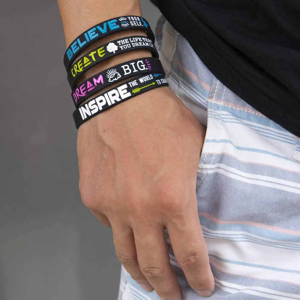 (12-Pack) Motivational Quote Bracelets Silicone Rubber Wristbands Inspirational Gifts and Party Favors