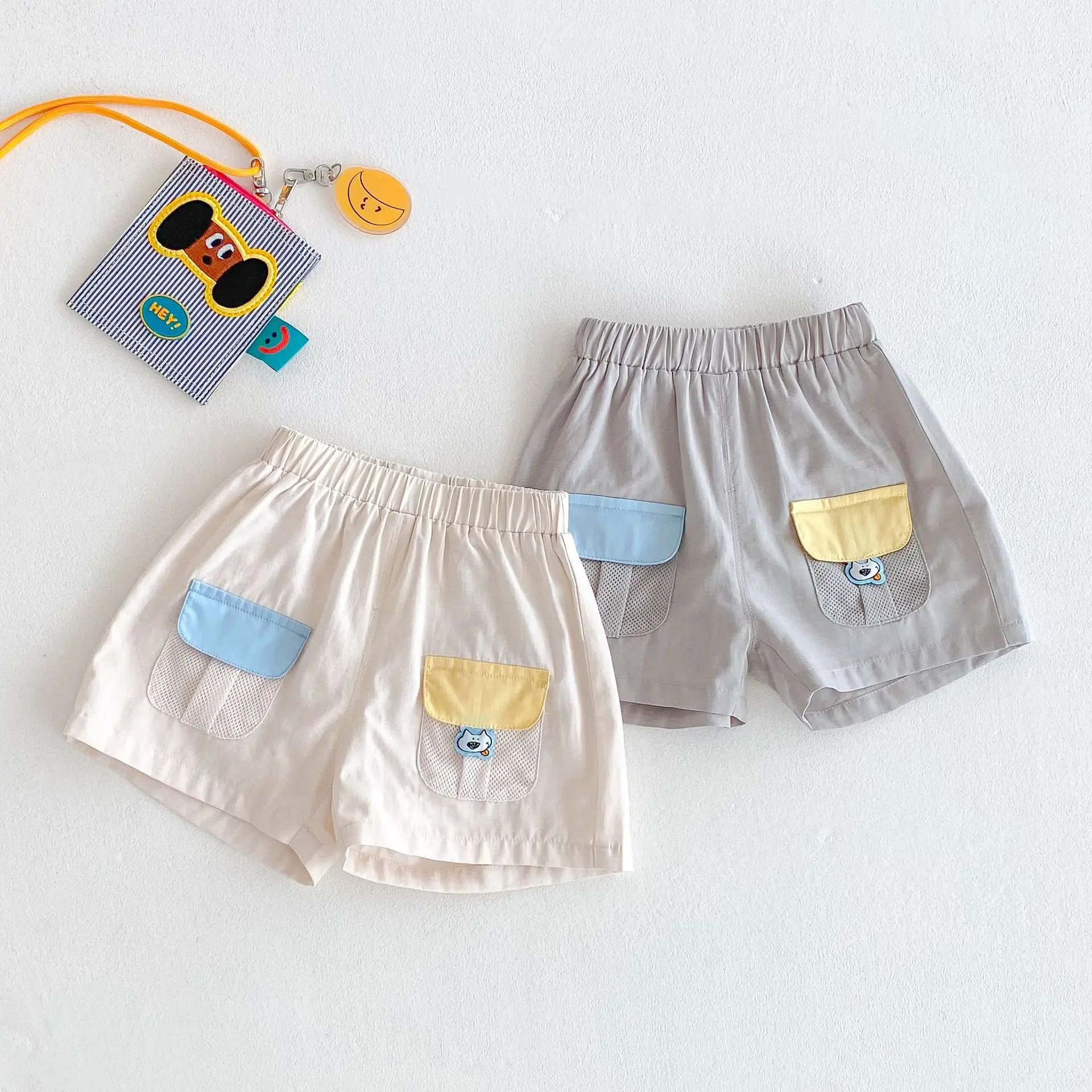Children's Korean Shorts 2025 New Summer Boys' Fashion Contrasting Pocket Cartoon Casual Pants Trendy Baby Pants