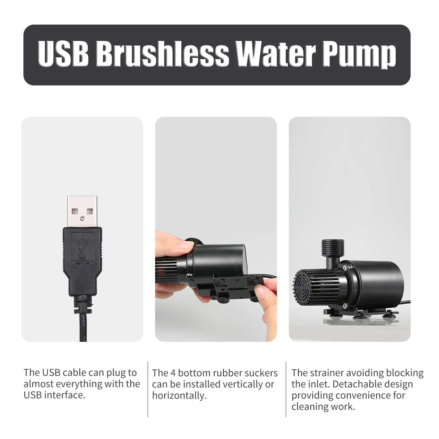 수족관 펌프 USB 어항 수중 워터 펌프, 브러시리스 방수 분수 펌프, 500L/H, 4W, 12V