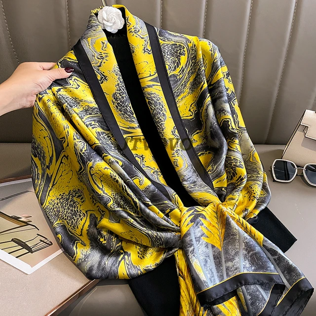 Luxury brand Royal Black gold satin silk scarf Women Brand Fashion Scarf  Large Shawls Pashmina Hijab Foulard Design Retro flower