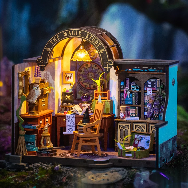 Robotime Rolife The Magic Study DIY Miniature House with Many Magic Note Books Dollhouse Decoration 3D Wooden Puzzle DG166 2