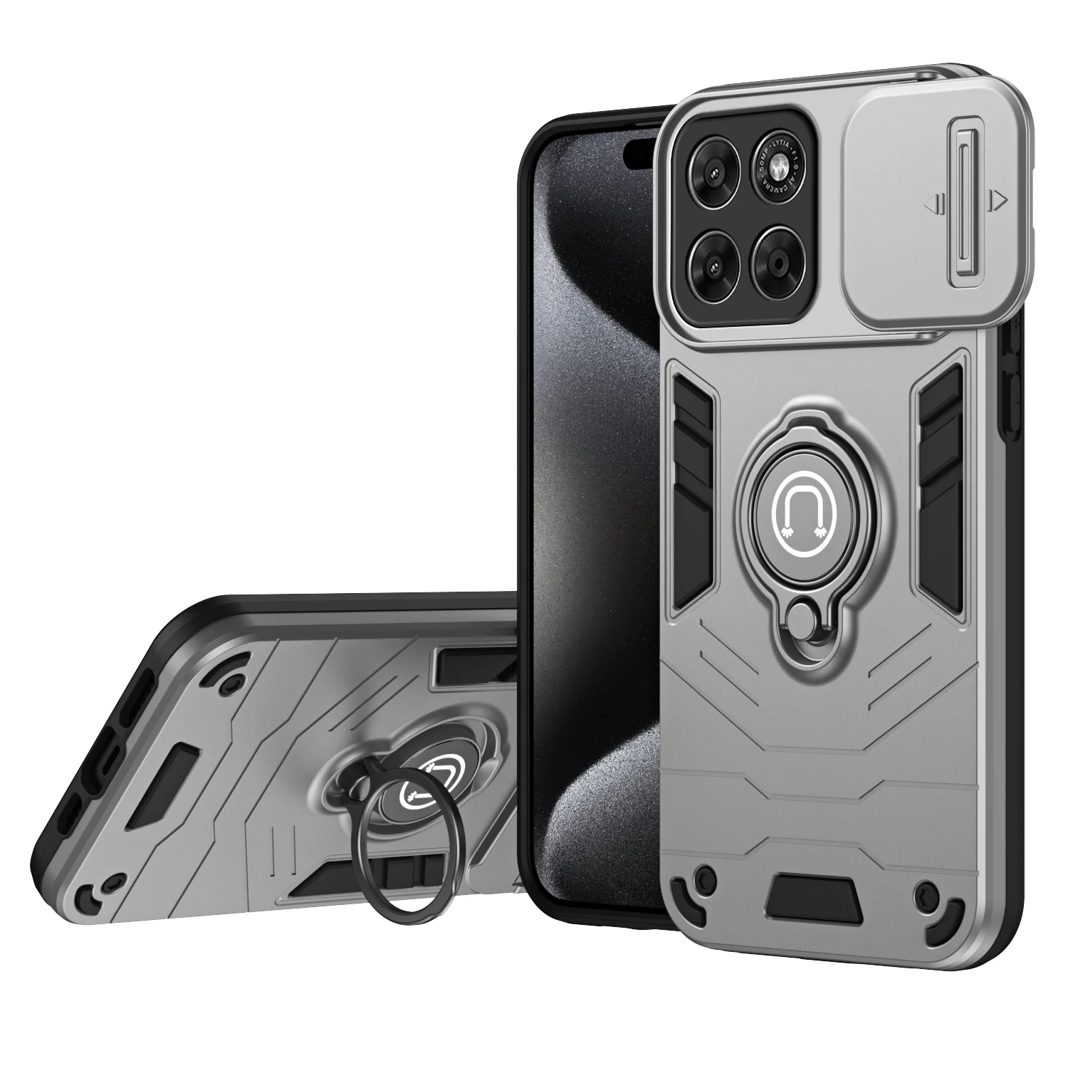 Hybrid Armor Shockproof Case with Sliding Window and Metal Ring Stand - TPU Plastic Phone Cover