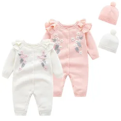 Barboteuse pour bébé fille, vêtements pour nouveau né, barboteuse brodée + chapeau, printemps automne 