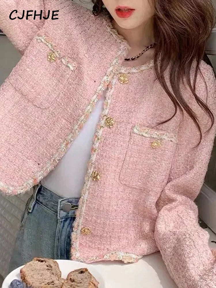 CJFHJE Korean Style Vintage Elegant Lady Tweed Jackets Pink Long Sleeve Suit Coat Women Autumn Winter Short Black Blazers Female spring autumn women loose blazers 2023 korean office lady basic joker solid suit jackets black coats female new workwear tops