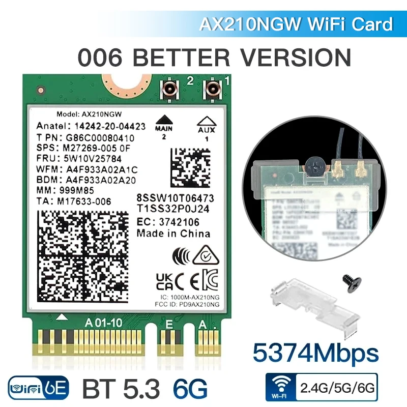 Tri Band WiFi6E AX210 Wireless 2.4Gbps Bluetooth 5.3 802.11AX Wireless Wi-Fi 6 AX210 For Intel AX210NGW M.2 NGFF Wlan WiFi Card