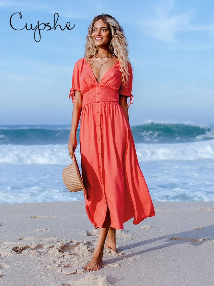 CUPSHE Red Buttoned Maxi Dress For Woman Sexy Plunge Neck Beach Holiday