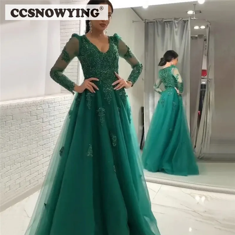 

Зеленые женские платья для выпускного вечера с длинным рукавом и V-образным вырезом, официальное вечернее платье, ТРАПЕЦИЕВИДНОЕ Тюлевое кружевное платье с аппликацией, бальное платье для вечеринки