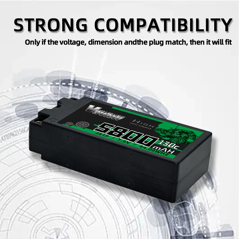 Batterie RC LiPo 2S 5800mAh 130C montrant les prises EC5, XT60, XT90 et Deans en gros plan