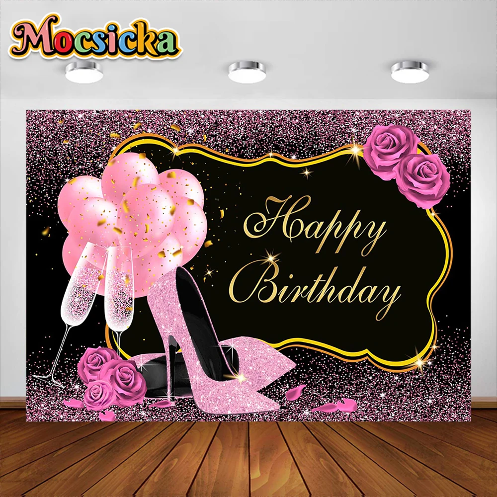 Pink Rose Birthday Backdrop Shiny Glitter High Heels Champagne Adults Women Birthday Decor Photo Booth Background Custom photo backdrop photo wallpaper