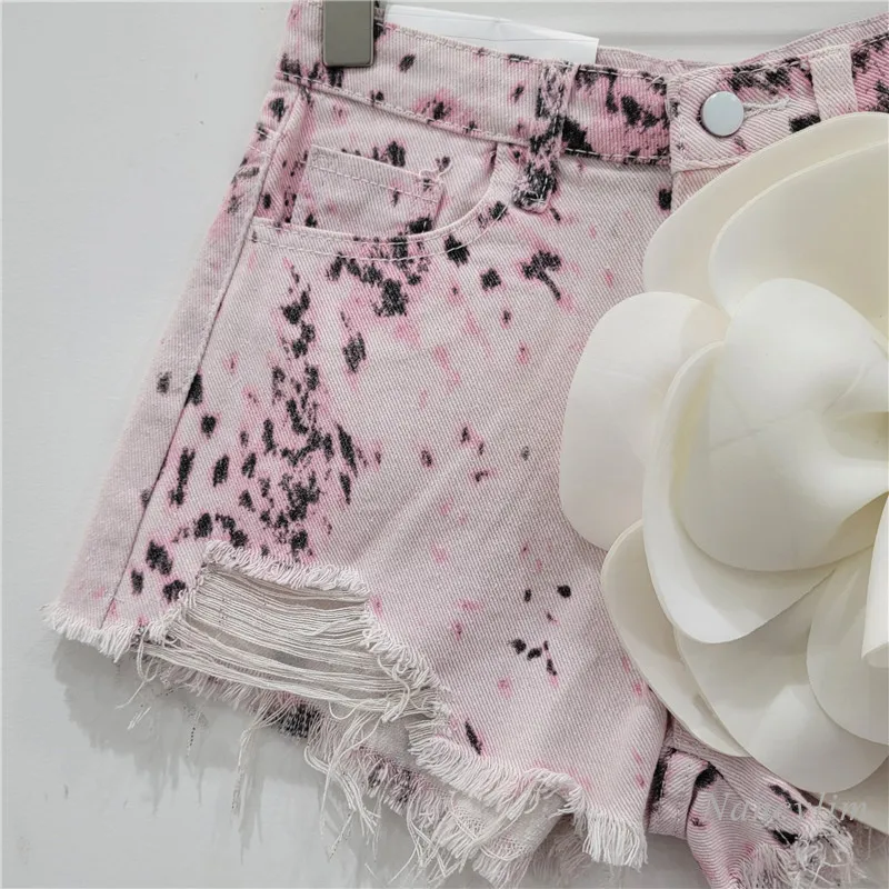 Printed Tie-Dyed Sexy All-Matching Ripped Tassel Frayed Three-Dimensional Flower Denim Shorts Wide Leg Hot Pants for Women