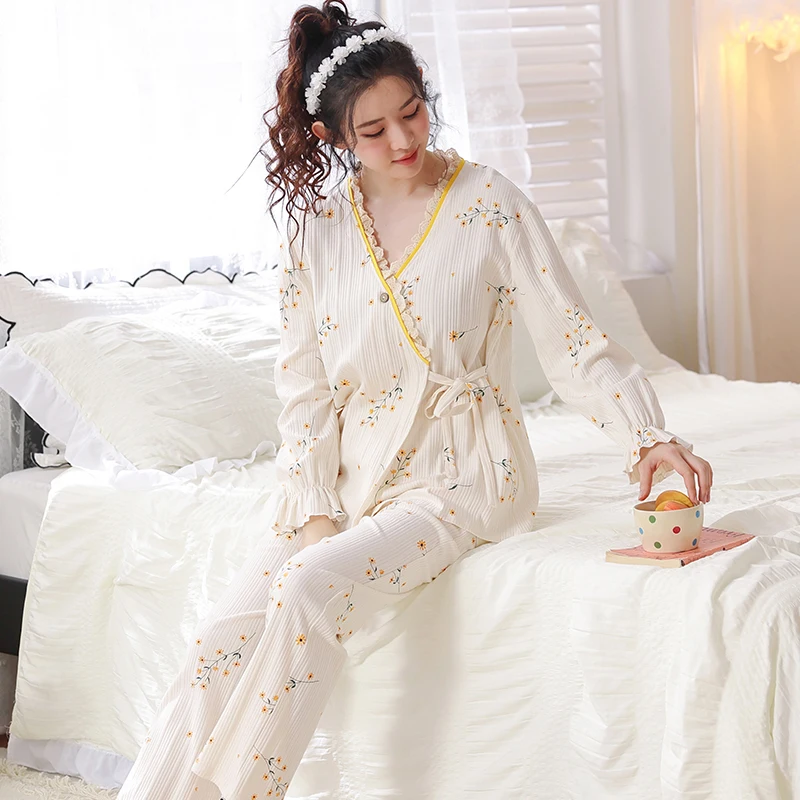 

New Autumn Pyjamas Women Young Girls Pajama Sets Small Flowers Print Japanese Kimonos For Women Plus Size 5XL Full Cotton Yukata