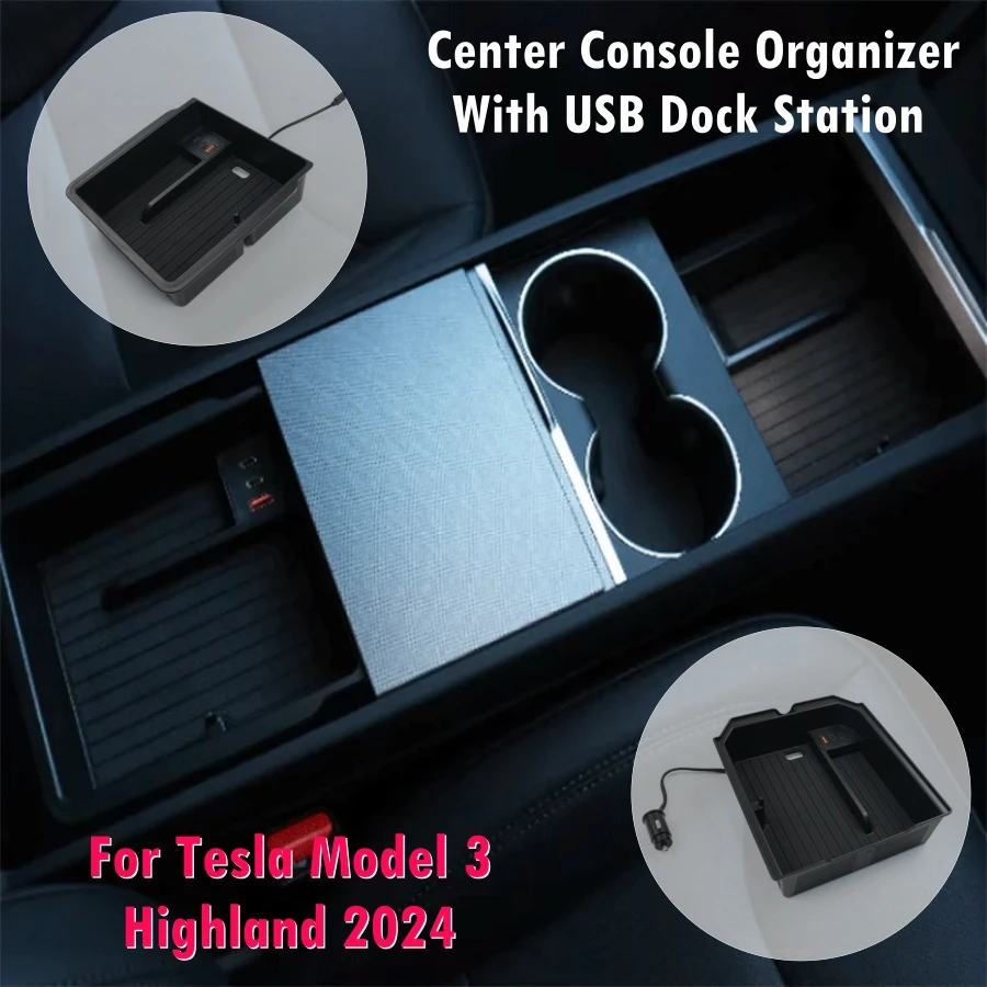 Center Console Organizer for Tesla Model 3+ Highland 2024 With USB Charging Cables Hub ABS Armrest Storage Box Trays