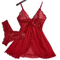 Lingerie Sexy transparente à bretelles rouges, sous-vêtements pour femmes, vêtements de nuit transparents, chemise de nuit et culotte, ensembles Pijamas pour femmes, père noël 1