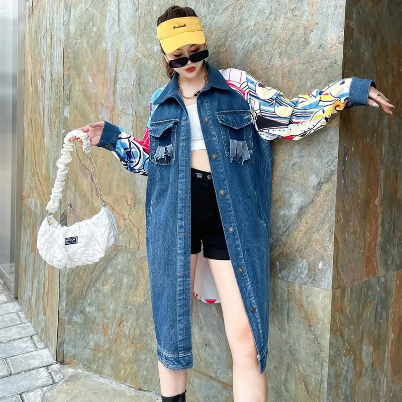 Patchwork Ripped Print Mid-Length Coat Fried Street Personalized and Slim-Looking Top