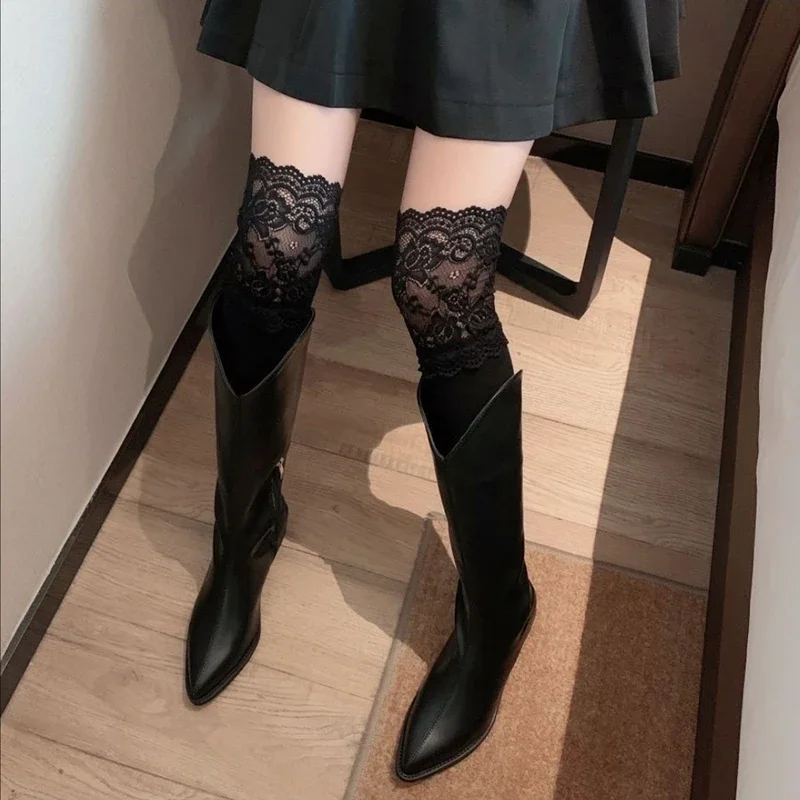 Boot Socks Autumn/Winter Solid Color Thigh High Lace Cute Lolita Thick Warm Stockings Sexy Black White Long Leg Socks for Women