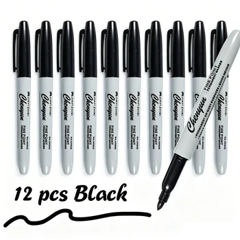Confezione da 12 pennarelli a punta fine impermeabili ad asciugatura rapida - 1 mm, in plastica, design bianco e nero, con etichetta 'Black', adatti per ufficio, confezioni regalo e forniture per il fai da te, articoli per ufficio, confezione elegante, pennarelli resistenti