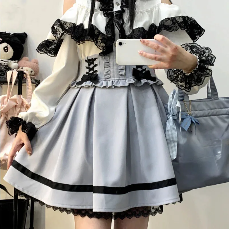 Japanese Gothic Y2k Lolita Skirt Women Elegant Sweet Lace Ruffles Ribbon Bandage Mini Skirts Girls Sexy Cute Punk Party Skirt 3