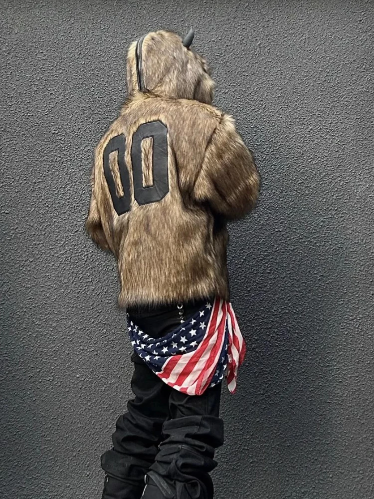 Thick Horned Hooded Faux Fur Coat 2