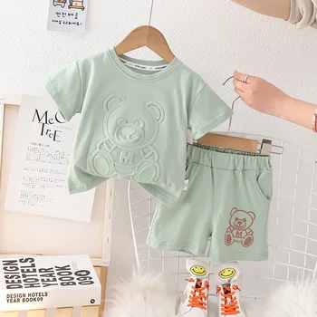 2023 만화 O-넥 반팔 티셔츠 상의 및 반바지, 18 개월에서 24 개월 아기용 여름 옷