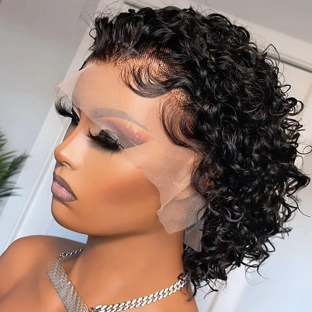 Pixie Cut Short Curly 13x1 Transparent Lace Front Wigs Brazilian Human Hair Pre Plucked Curly Wigs 150% Density For Black Women
