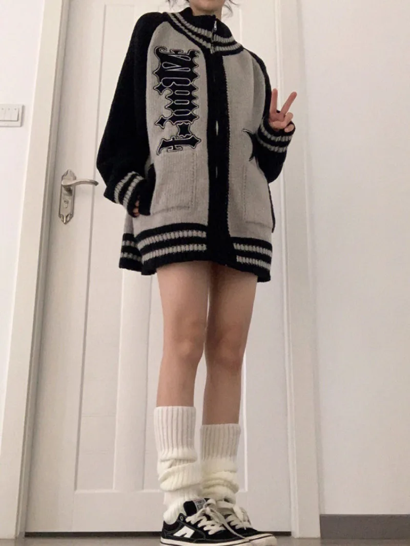 

Y2k Knitwear Zip Sweater Cardigan Women Streetwear Grey Outerwear Tops Striped Letter Jumper Korean Style New Popular Clothes