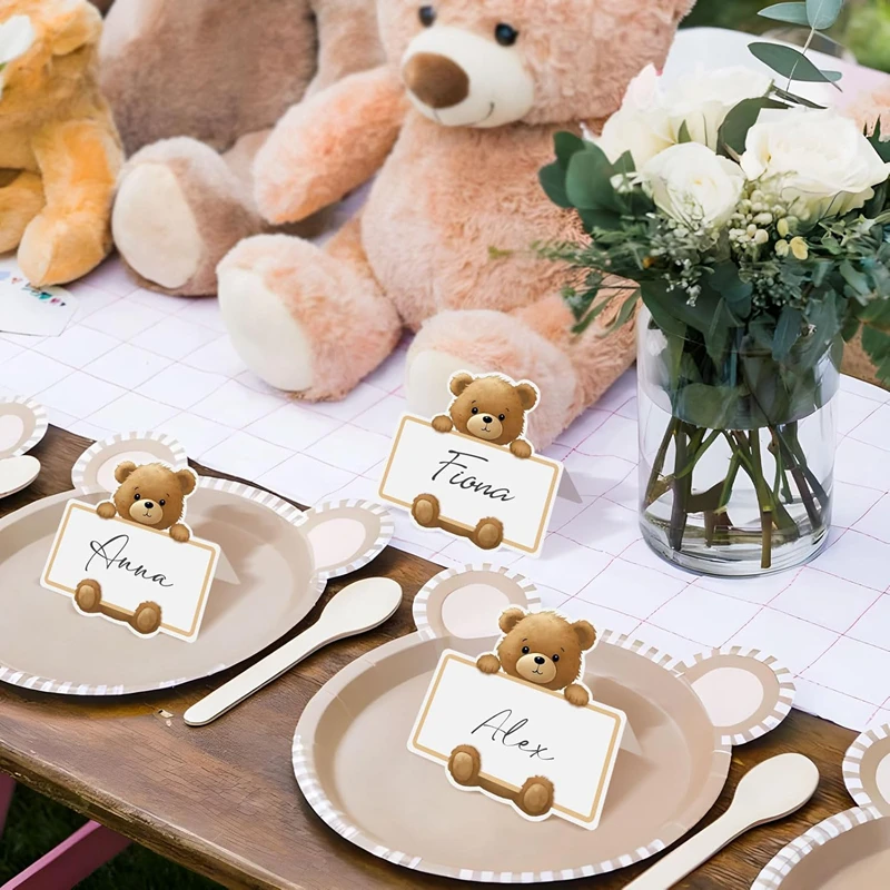 20/50Pcs Brown Bear Name Place Card Paper Seating Number Invitation Card Wedding Kid Birthday Party Baby Shower Table Decoration