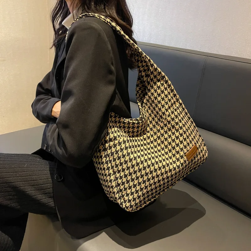 New Fashion Women Canvas Shoulder Bags Houndstooth Pattern Cloth Fabric Tote Large Handbag INS Cute Shopping Bag For Ladies