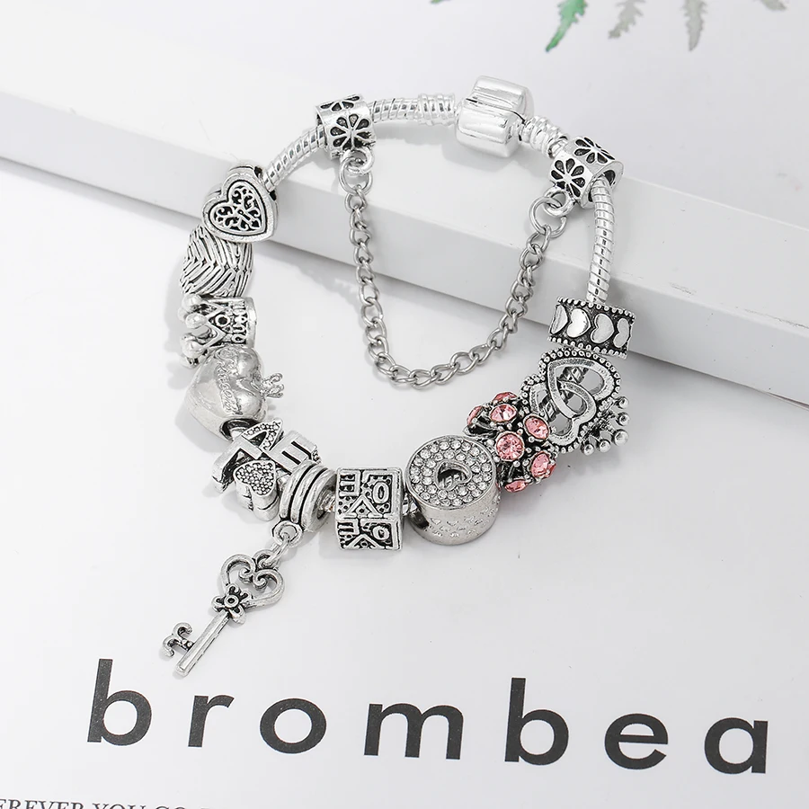 Bracelet Jewelry Heart Key Pendant Charm Beaded Bracelet For Women Girls Princess Crown