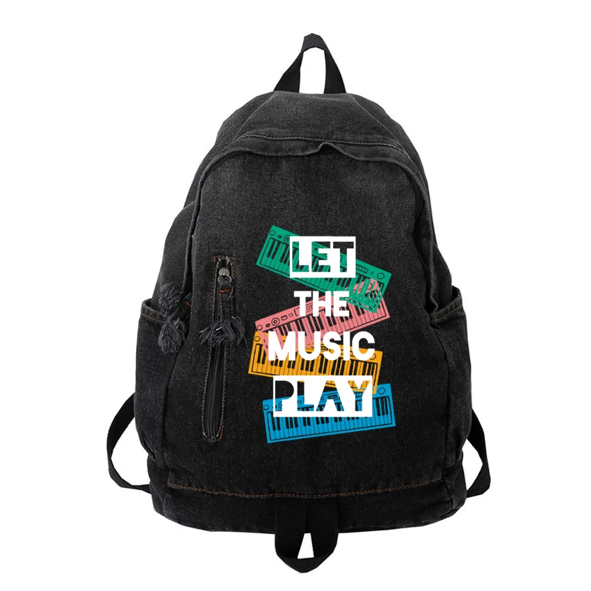 

Funny Let Music Play Pattern Printed Denim Backpack Ladies Women Men Backpacks Travel Bag Hip Hop Harajuku Streetwear Backpack
