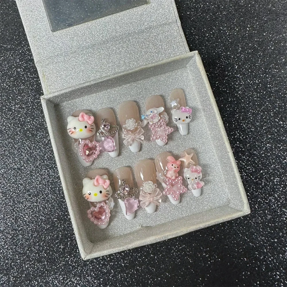 Kawaii 3D Wearable Press on Nails Hello Kitty French Long Short Coffin Square Almonds Customizable Reusable Full Cover Nail Tips 2