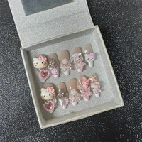 Kawaii 3D Wearable Press on Nails Hello Kitty French Long Short Coffin Square Almonds Customizable Reusable Full Cover Nail Tips 2