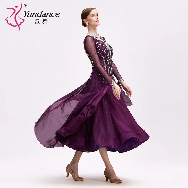 B-24159 Purple Satin Chiffon Ballroom Dance Dress High Quality New Rhinestone Standard Performance Wear Long Ballroom