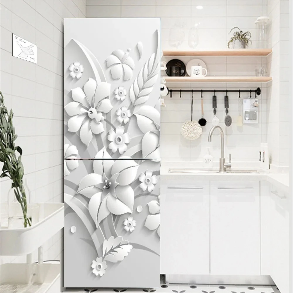 

White Flower Refrigerator Decorative Sticker Self Adhesive Waterproof Kitchen Decoration Wallpaper Fridge Door Cover Mural Decal