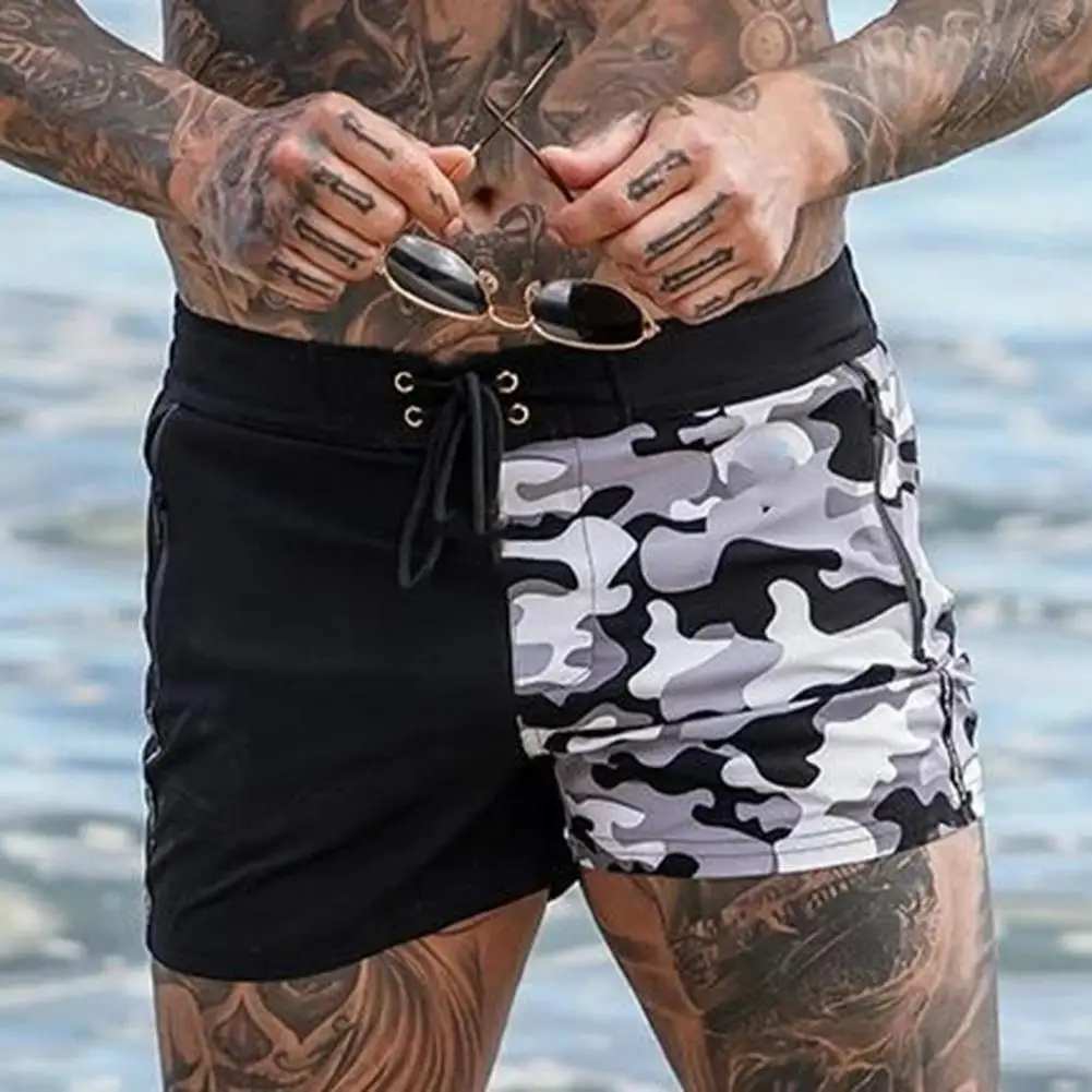 Description Picture 4 of itemMen Summer Beach Shorts Elastic Waist Adjustable Drawstring Running Shorts Camouflage Print Patchwork Color Board Shorts