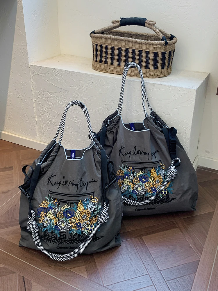 Women's shopping bag, nylon bag, cloth bag, ethnic style, embroidered window cut pattern, Bohemian style, large capacity Tote ba - Image 6