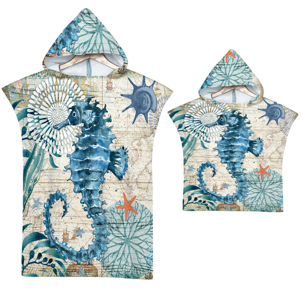 Sea Turtle Large Beach Towel Bath Towels Quick Dry Hooded Cloak Wetsuit Adult Kid Parent-Child Poncho Bathrobe For Swim Surf Quick Drying Towel