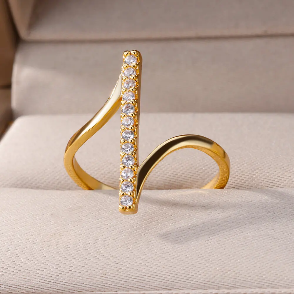 Zircon Geometric Rings Gold Color Stainless Steel Opening Ring