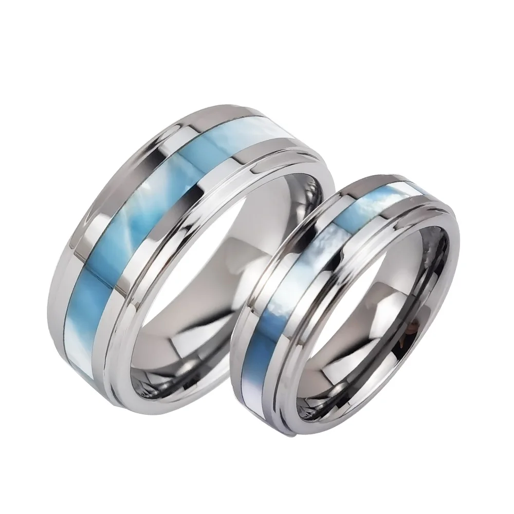 

Romantic 6mm/8mm Width Silver Tungsten Wedding Rings Set for Couples Inlay Natural Blue Shell Step Edge Size 6-13 Can Engraving