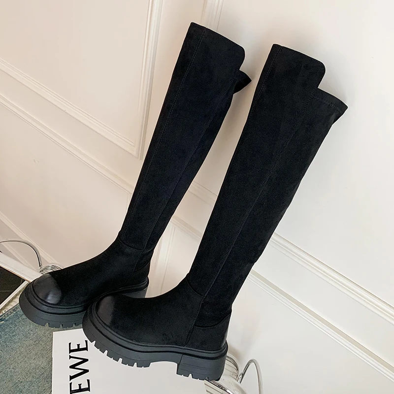 

Leather Custom Elastic Skinny Leg Boots Round Head Square Heel Height Increased Knee Boots Casual Sexy Women's Boots Suede Boots