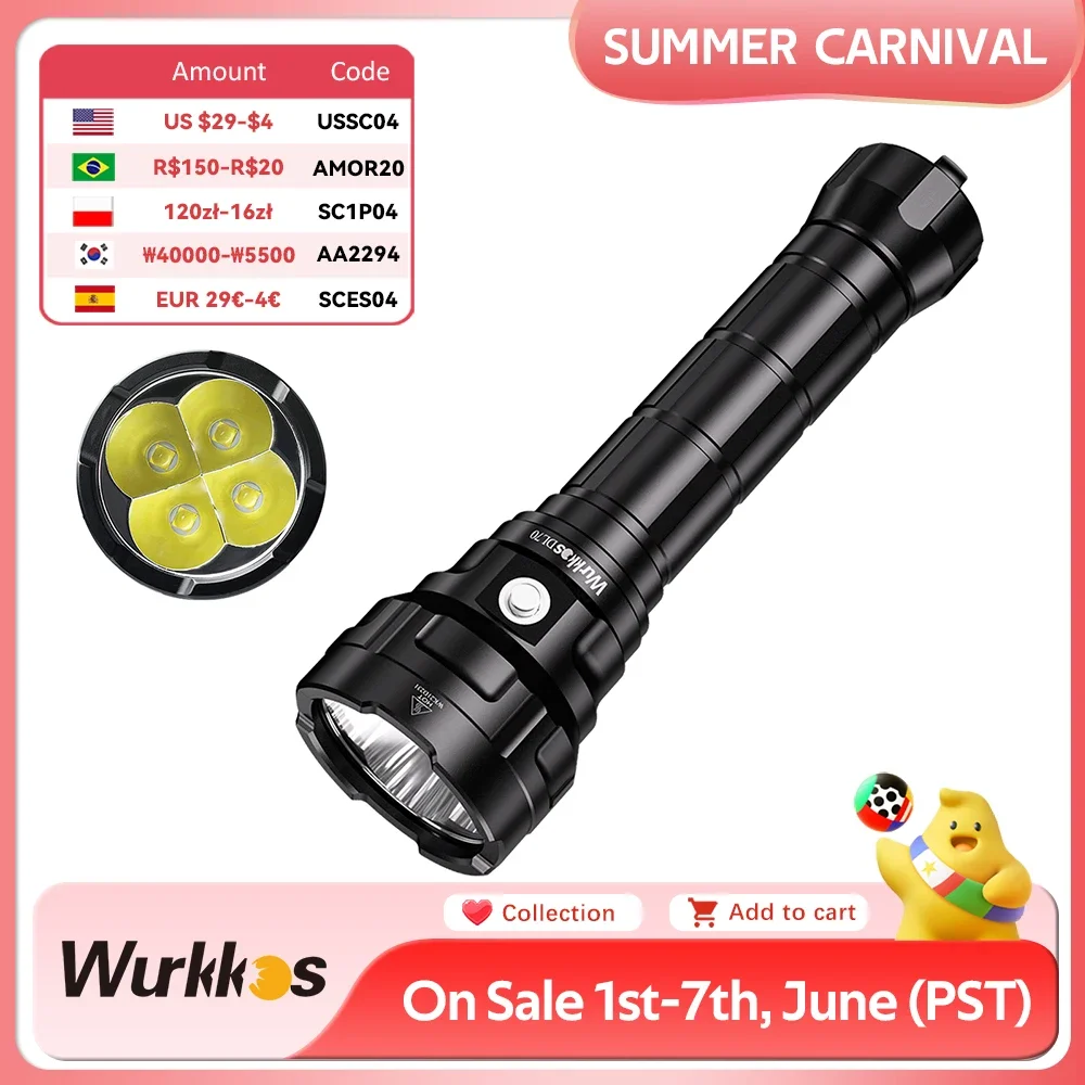 Wurkkos-Super Bright Scuba Diving LED Light, dupla bateria 26650, 13000lm, IPX8 impermeável, mergulho subaquático, 4 * XHP50B, 4 modos, DL70