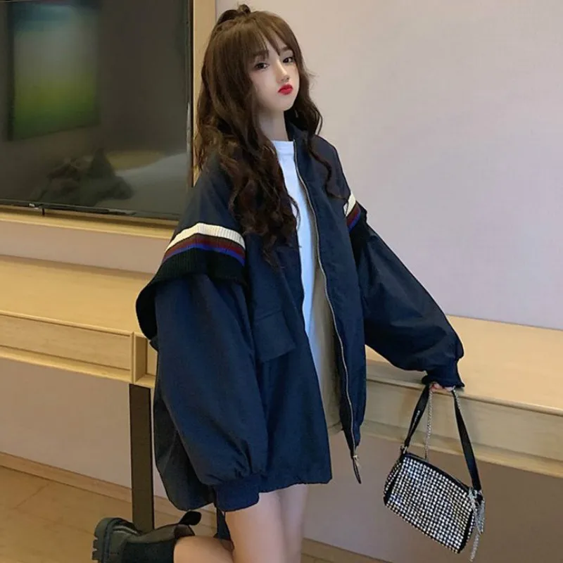 Women Chic Harajuku Retro Outerwear Basic Jackets Autumn Loose Patchwork Korean Style Zipper Casual Bf Ulzzang Style Streetwear