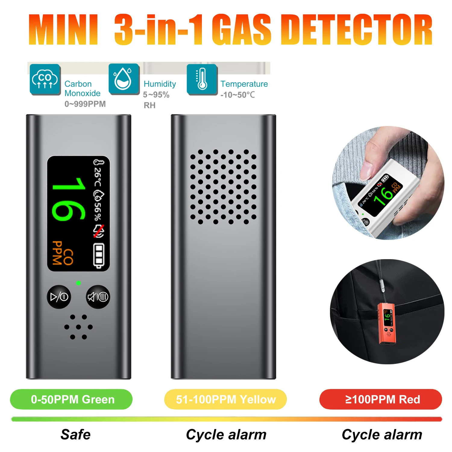 CO Gas Detector 3-in-1 Carbon Monoxide&Temperature&Humidity Tester Electrochemical CO Sensor Air Quality Detector USB Charging