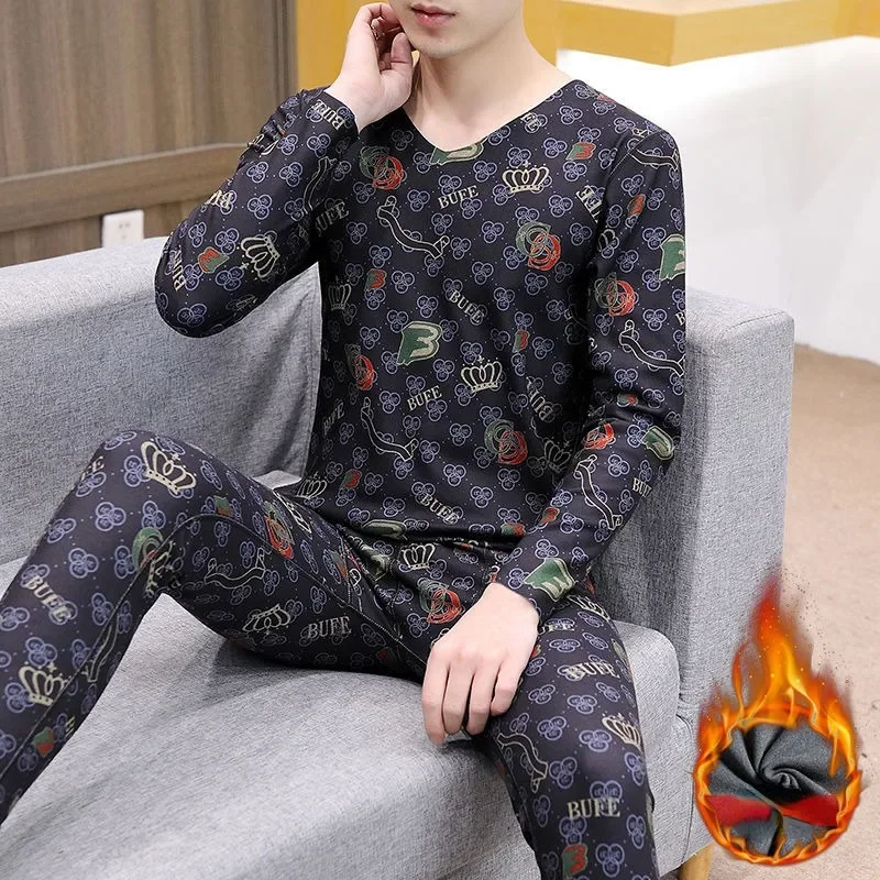 2024 New Winter German Velvet Trackless Warm Underwear Set for Men's Thin Plush Autumn Clothes Autumn Pants O-neck Long Johns