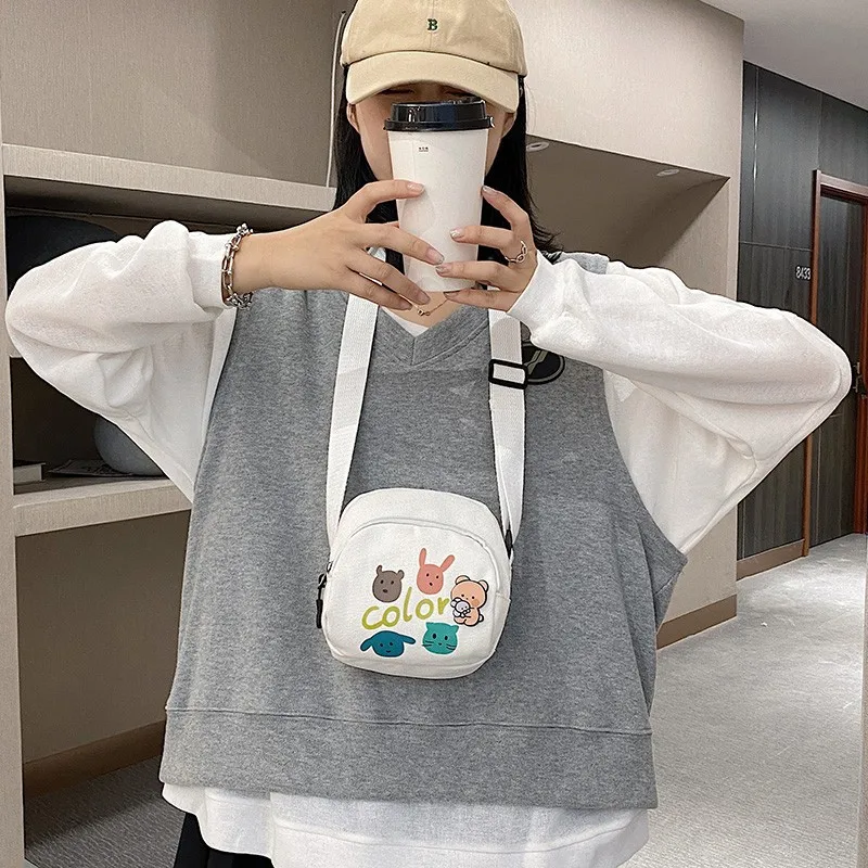 2022 New Korean Version Japanese Canvas Bag Small Fresh Girl Shoulder Bag  Diagonal Bag Mobile Phone Bag Cartoon Cute Cloth Bag